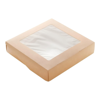 Контейнер-бумажный-1500-мл-200х200х45-квадрат-крафт-белый-с-окном-Tabox-PRO